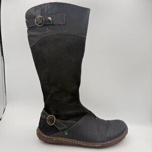 El Naturalista N736 Black Flat Tall Leather Suede Boots Buckle Earthy 41